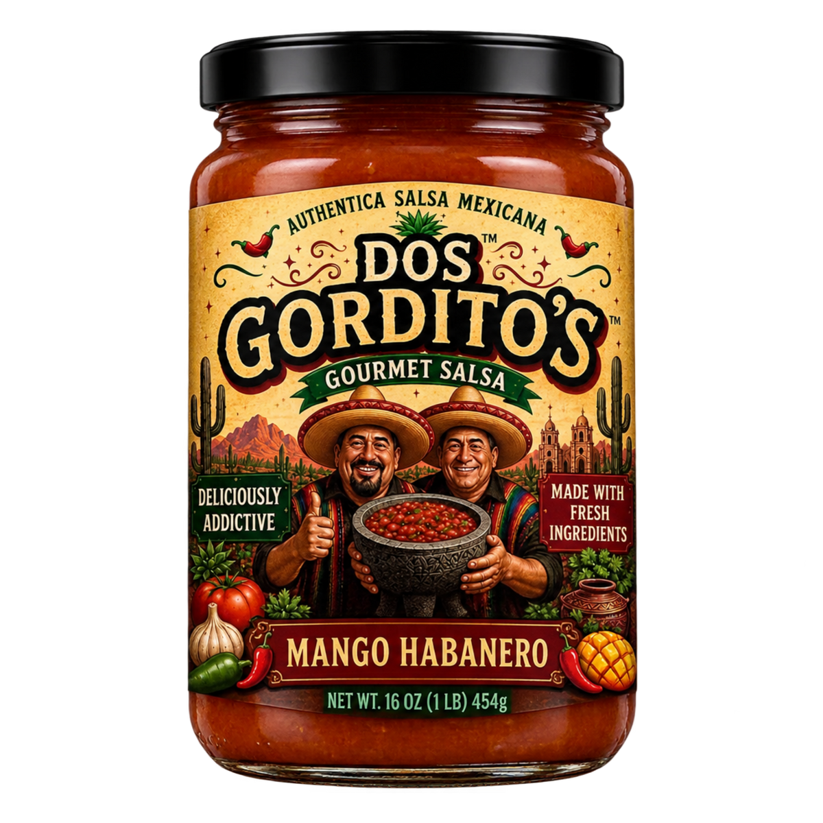 Mango Habanero Salsa, Dos Gordito's Gourmet Salsa, Sweet & Spicy Authentic Mexican Style Salsa, 16 oz Jar